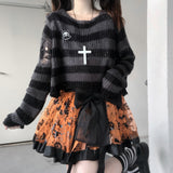 Fashionkova party look inspos Karrram Pink Striped Gothic Sweaters Women Ripped Holes Loose Knitted Pullover Frayed Fairy Grunge Jumpers Emo Streetwear Lolita