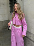 Fashionkova party look inspos Fashion Pink Patchwork Long Pant Set for Women Casual Lapel Long Sleeve Shirt Wide Leg Trousers Sets 2024 Spring New 2 Pcs Set