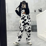 Fashionkova Party Outfit Street Hip-hop Harajuku Girl Cow Print Oneies for Women Black White Plaid Overalls Casual Jumpsuit Trousers Baggy Pants