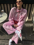 Fashionkova party look inspos Fashion Pink Patchwork Long Pant Set for Women Casual Lapel Long Sleeve Shirt Wide Leg Trousers Sets 2024 Spring New 2 Pcs Set