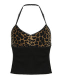 Fashionkova Patchwork Leopard Halter Top Women Backless Slim V Neck Sexy Crop Vest Sleeveless Bow Cute Kawaii Y2K Tank Tee