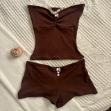 FashionKova-Fashion Y2K Fairy Brown Lace Lace Trim tube Tops + Shorts Retro Chic women's 2 piece Set Boob Bag Halter Tops Camis Hot Girl emo