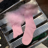 Fashionkova  Nye Outfit Y2k Women Feather Fur Middle Tube Socks Rose Pink Jk Lolita Socks Cotton Funny Cotton Socks Pile Cosplay Party Accessories