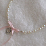 Fashionkova Bow Love Cross Imitation Pearl Pendant Necklace for Women French Romantic Sweet Lolita Clavicle Chain Harajuku Fashion Jewelry