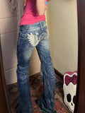 Fashionkova ADAgirl Wing Embroidery Flare Jeans Women Y2k Hip Hop Vintage Baggy Korean Do Old Boot Cut Denim Pants Harajuku Fashion Trousers ootd