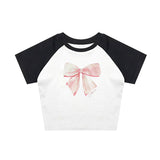 Fashionkova valentine's day aesthetic Printed top emo girls bow pattern cute casual Y2K crop top sexy street retro grunge punk harajuku aesthetic chic women's babytee