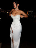 Fashionkova party look inspos Fashion Sequin Satin Off Shoulder Midi Dress Women Chic Patchwork Sleeveless Backless Midi Dress Sexy High Split Lady Vestidos