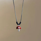 Fashionkova Trendy Y2K Cute Red Heart Mushroom Pendant Adjustable Black Rope Sweater Chain Necklace For Women Party Christmas Jewelry Gifts