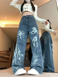 Fashionkova Party Outfit Women's Graffiti Ink Splashing Design Blue Jeans High Waist Streetwear Cool Girl Vintage Trouser Female Casual Denim Pants