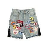 Fashionkova Streetwear Retro Patchwork Denim Short Y2K Jeans Men Women Hip Hop Cartoon Graphics Retro Blue Loose Denim Fitness Casual Shorts