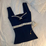 FashionKova-back to school outfit Harajuku Retro Y2K Emo Girls Casual Camisole Tops Sexy Slim Chic Fashion Solid Lace Bow Crop Tops Gothic Punk Women's Streetwear