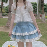 FashionKova-Kawaii Lace Skirt Cute Hot Girl Clothing Summer Cake skirt Casual Loose Korea Blue 2000s Sweet Women Skirts Low-waist Y2k Skirts