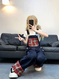 Fashionkova  Party Outfit  Women's Red Checkered Patchwork Design Denim Overalls Rompers Girl Suspender Jumpsuits Pant Female Jeans Streetwear Trousers