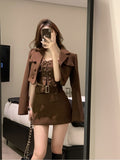 Fashionkova  Nye Outfit Winter Warm Elegant Strap Skirt Suit Women Brown France Vintage 3 Piece Set Female Korean Fashion Casual Designer Party Set 2023