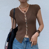 Fashionkova Short Sleeve Knitted Cardigan for Women's Casual Tops Button Spring and Summer New Stylish V-neck Slim Fit Crop Top Casual Outfit