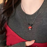 Fashionkova Trendy Y2K Cute Red Heart Mushroom Pendant Adjustable Black Rope Sweater Chain Necklace For Women Party Christmas Jewelry Gifts