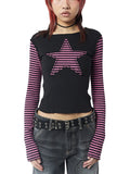 Fashionkova party look inspos Women Star Casual Shirt Y2k Gothic Tops Long Sleeve Crew Neck Star Stripes Vintage Aesthetic Slim Tops Fashion Grunge Streetwear