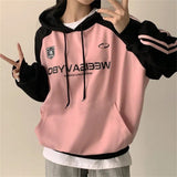 Fashionkova Vintage Logo Print Raglan Striped Sleeve Hoodie
