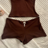 FashionKova-Fashion Y2K Fairy Brown Lace Lace Trim tube Tops + Shorts Retro Chic women's 2 piece Set Boob Bag Halter Tops Camis Hot Girl emo