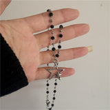 Fashionkova New Kpop Fashion Sweet Cool Tibetan Hollow Double Star Pendant Necklace Choker Charm Black Cord Handmade Punk Grunge Y2K Jewelry