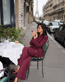 Fashionkova party look inspos Wine Red Women Suit Jacket Long Pants Set Fasion 2 Pieces Slim Chic Bevel Buckle Formal Wear Female New Party Commute Office