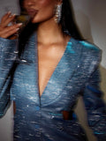 Fashionkova Valentine's Day Aesthetic Articat Sexy Glitter Shiny Women Blazer Dress Blue Long Sleeve Hollow Out Dress Female Autumn Skinny Elegant Party Clubwear 2022