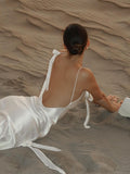 Fashionkova Elegant White Satin Backless Maxi Dress For Women Sexy Bodycon Sleeveless Tassels Pleated Long Dresses Vocation Beach Party Robe