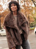 Fashionkova party look inspos Dark Brown Faux Fur Long Overcoat For Women Fashion Lapel Single Breasted Loose Fluffy Plush Warm Coat Winter Thicken Outerwear