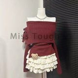 Fashionkova  party look inspos Winter Kawaii Sweet 2 Piece Set Woman Off Shoulder Bow Knitted Tops + Mini Cake Skirt Female Korean Fashion Casual Suit 2024 New