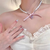 Fashionkova Bow Love Cross Imitation Pearl Pendant Necklace for Women French Romantic Sweet Lolita Clavicle Chain Harajuku Fashion Jewelry