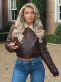 Fashionkova party look inspos Women Fashion Fur Collar Short Leather Jacket Fasion New Loose Warm Long Sleeves Zipper Coat 2025 Female Winter High Streetwear
