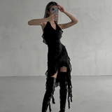 Fashionkova Sexy Mesh Ruffles Long Dress Summer Women's Sleeveless Deep V Irregular Lace up Maxi Dresses Elegant 2025 Club Vestido Spring Style 2025