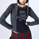 Fashionkova party look inspos Woman Gothic T-shirts y2k Skull Printed Striped Long Sleeve Slim Tops Woman Clothing Streetwear