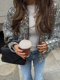 Fashionkova party look inspos Women Trendy Silver Sequins Long Sleeves Coat Fashion O Neck Zipper Loose Jacket 2025 Spring New Lady High Street Outerwear