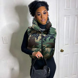 Fashionkova Street Women Camouflage Zipper Puffer Jacket Hollow Out Sleeve Camo Bubble Coats Stand Collar Collect Waist Parkas Down Jacket Valentine's Day Aesthetic