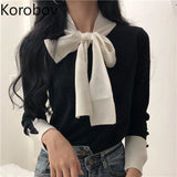 Fashionkova  party look inspos Korobov Korean Lacing Bow Sweet Women Pullovers Hit Color Basic Long Sleeve Female Sweaters Elegant Patchwork Sueter Mujer 79063