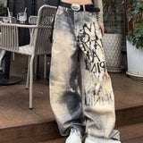 Fashionkova 2024 New Spring Autumn Gradient Wash Letter Denim Jeans for Women, Loose Straight Leg Trousers, Slimming Wide Leg Pants