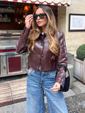 Fashionkova party look inspos Burgundy Leather Lapel Short Jacket Woman Slim Mini Skirt Fasion Single Breasted Coat Winter Lady Commute Highstreet Streetwear