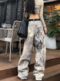 Fashionkova 2024 New Spring Autumn Gradient Wash Letter Denim Jeans for Women, Loose Straight Leg Trousers, Slimming Wide Leg Pants