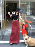 Fashionkova  Party Outfit  Women's Red Split Back Denim Skirt Summer Chic Design Street Style Solid Color Female Straight Floor Length Long Skirts