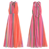 Fashionkova Halter Lace Up Rainbow Women Maxi Dress Sexy Sleeveless V-neck Backless Female Dresses High Waist Summer Mesh Corset Party Robes ootd