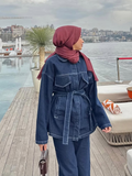 Fashionkova Retro Belt Denim Pants Set Women Lapel Pockets Long Sleeved Jacket Zipper Straight Leg Jeans 2025 Spring High Street Female Sets