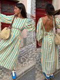 Fashionkova Fashion Striped Print Backless Long Dress For Women Elegant O Neck Lantern Sleeve Midi Dresses 2024 Summer High Waist Beach Robe