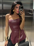 Fashionkova party look inspos Women Fashion Burgundy Lapel Pu Leather Coat Classic Single Breasted Bodycon Spring Jacket Outwear 2025 New Female Commute Coats