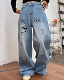 Fashionkova Grunge Aesthetic Cat Jeans in Blue