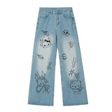 Fashionkova Grunge Aesthetic Cat Jeans in Blue