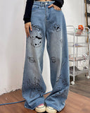 Fashionkova Grunge Aesthetic Cat Jeans in Blue