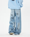 Fashionkova Grunge Aesthetic Cat Jeans in Blue