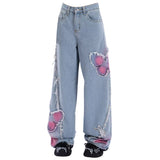 Fashionkova Pink Butterfly Wide Leg Jeans