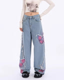 Fashionkova Pink Butterfly Wide Leg Jeans
